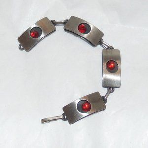 SOLD MCM Danish Modern Logeskov Tin Denmark Pewter Link Bracelet Red Glass Cabs